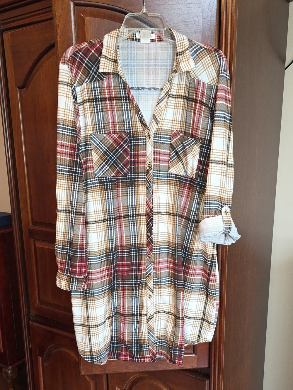 Passport Multicolor Plaid Midi Shirt Jacket - Cream, Brown, Red 2x